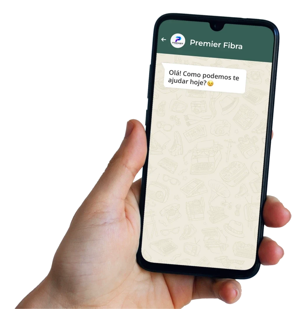 Mão segurando um celular com uma conversa de WhatsApp com a Premier Fibra