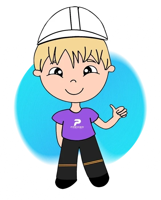Mascote da Premier Fibra: técnico de capacete fazendo sinal de positivo