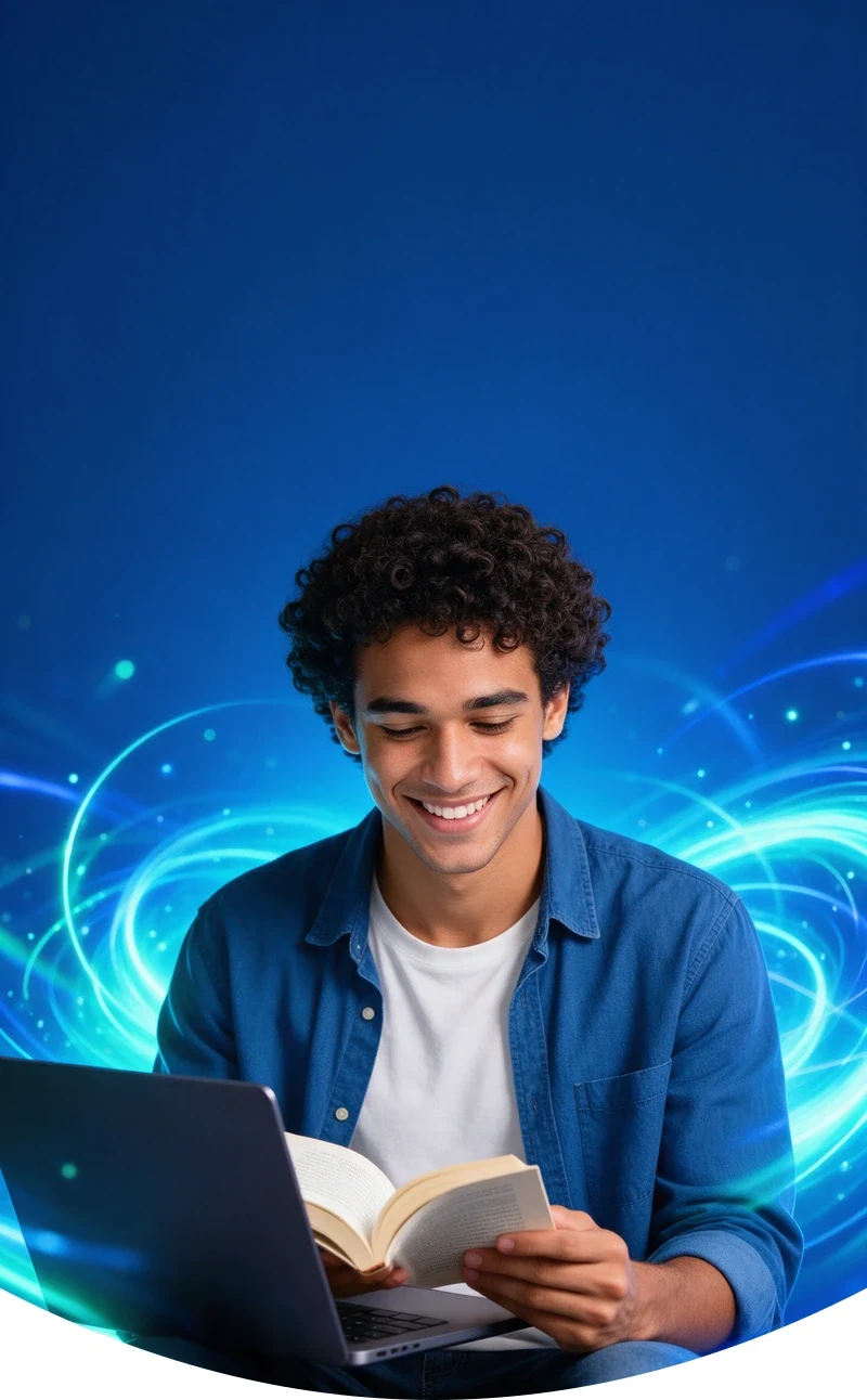 Jovem sorrindo lendo no notebook, com luzes azuis ao fundo