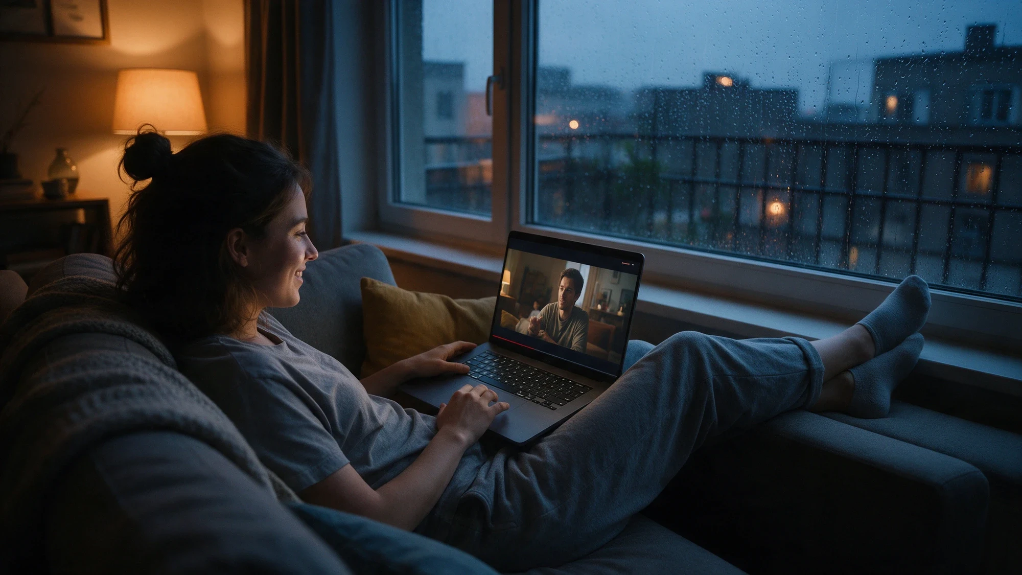 Mulher assistindo a um vídeo no notebook no sofá enquanto chove lá fora