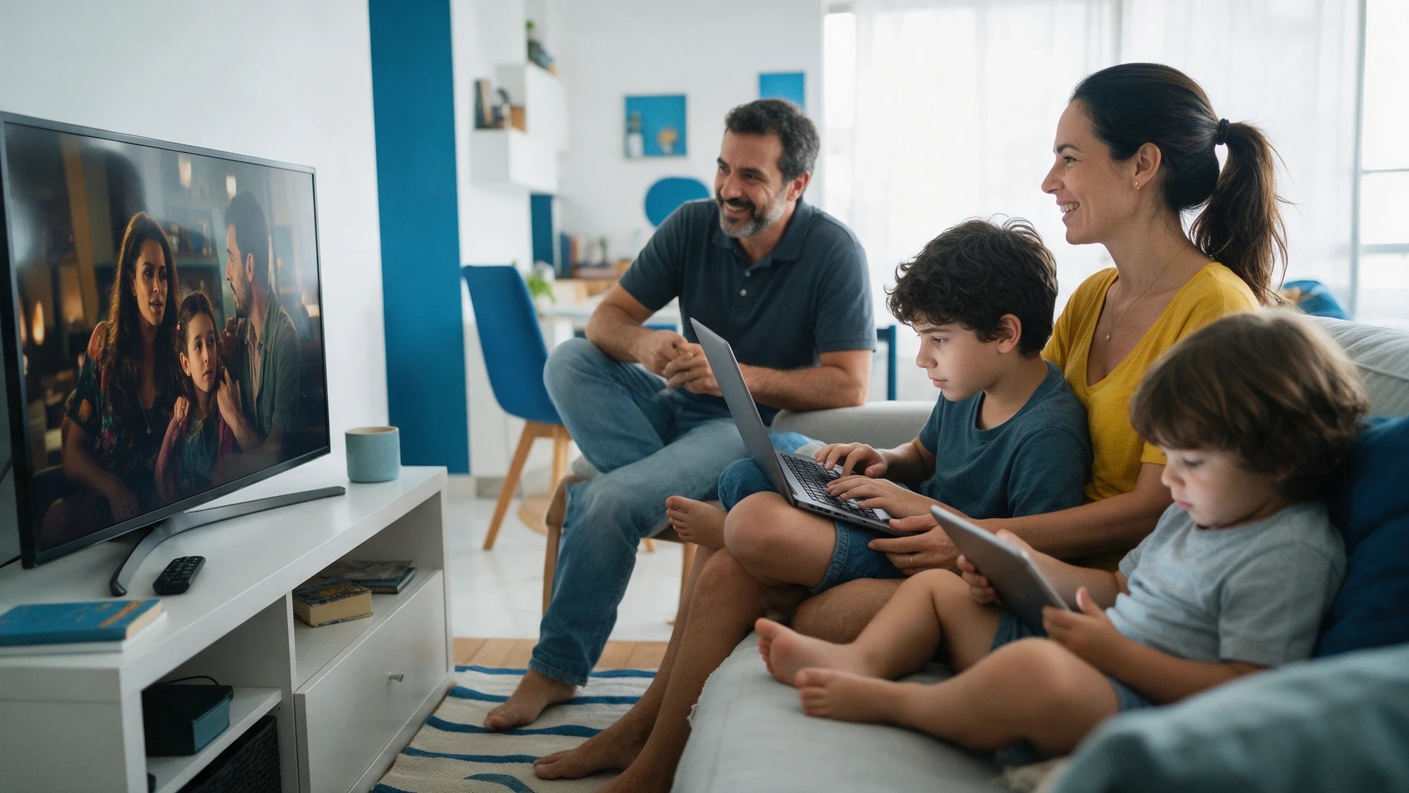 Família na sala usando TV, notebook e tablet ao mesmo tempo