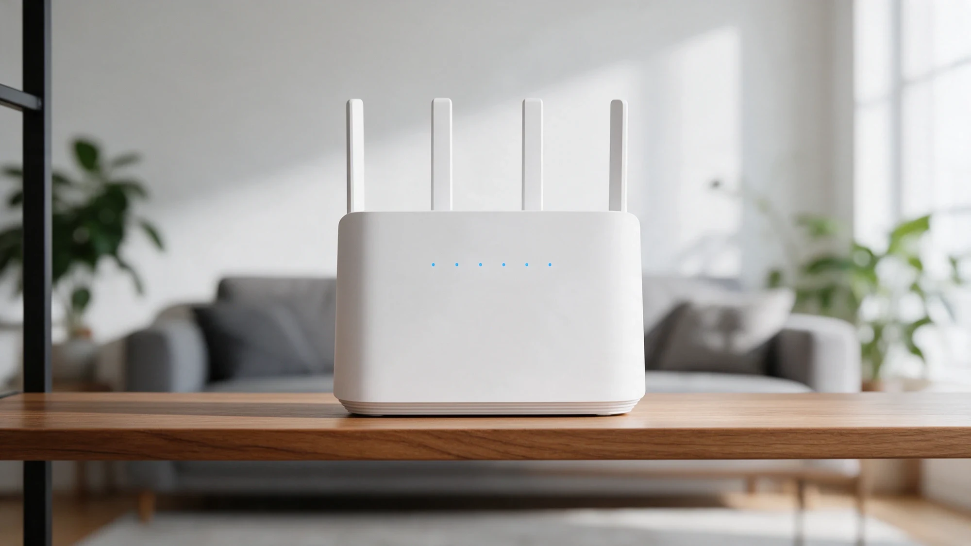 Roteador Wi-Fi branco com luzes azuis em uma estante no centro da sala