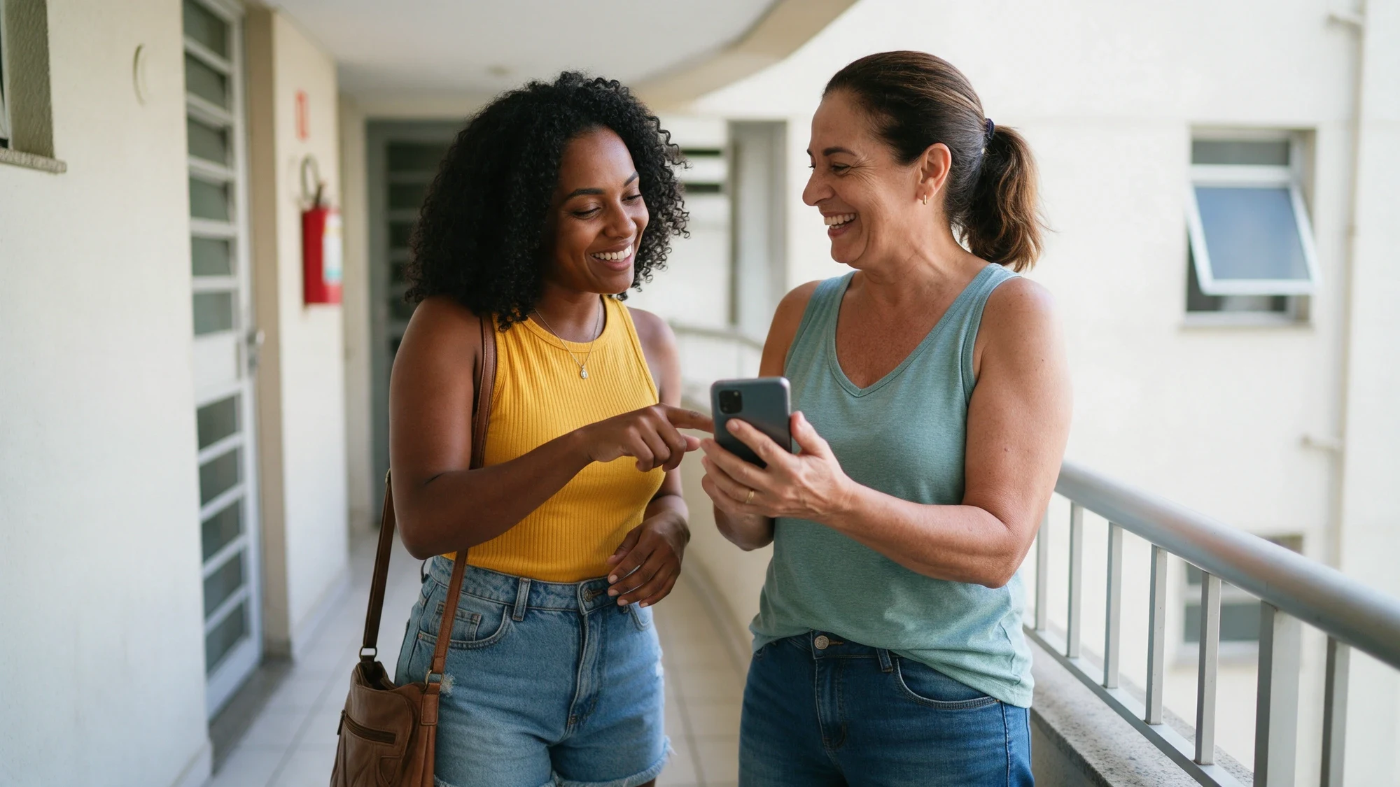 Duas vizinhas conversando no corredor do prédio, uma mostrando o celular para a outra