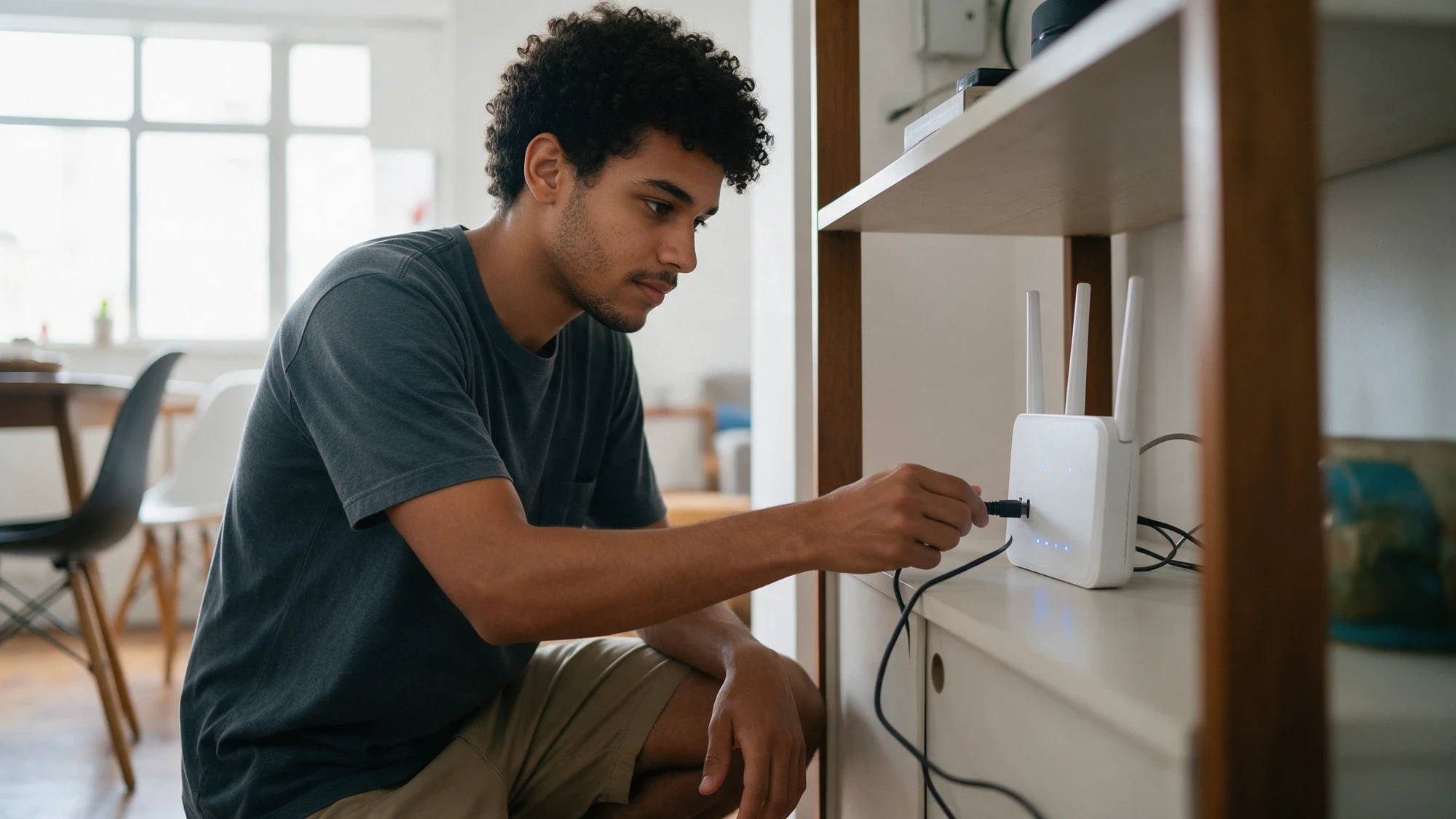 Homem ligando de novo o cabo de energia de um roteador branco na estante